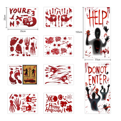 Halloween Bloody Window Clings Posters Bloody Handprint Sticker Party Decoration Haunted House Door Cover Creepy School Dormitory Window Decoration