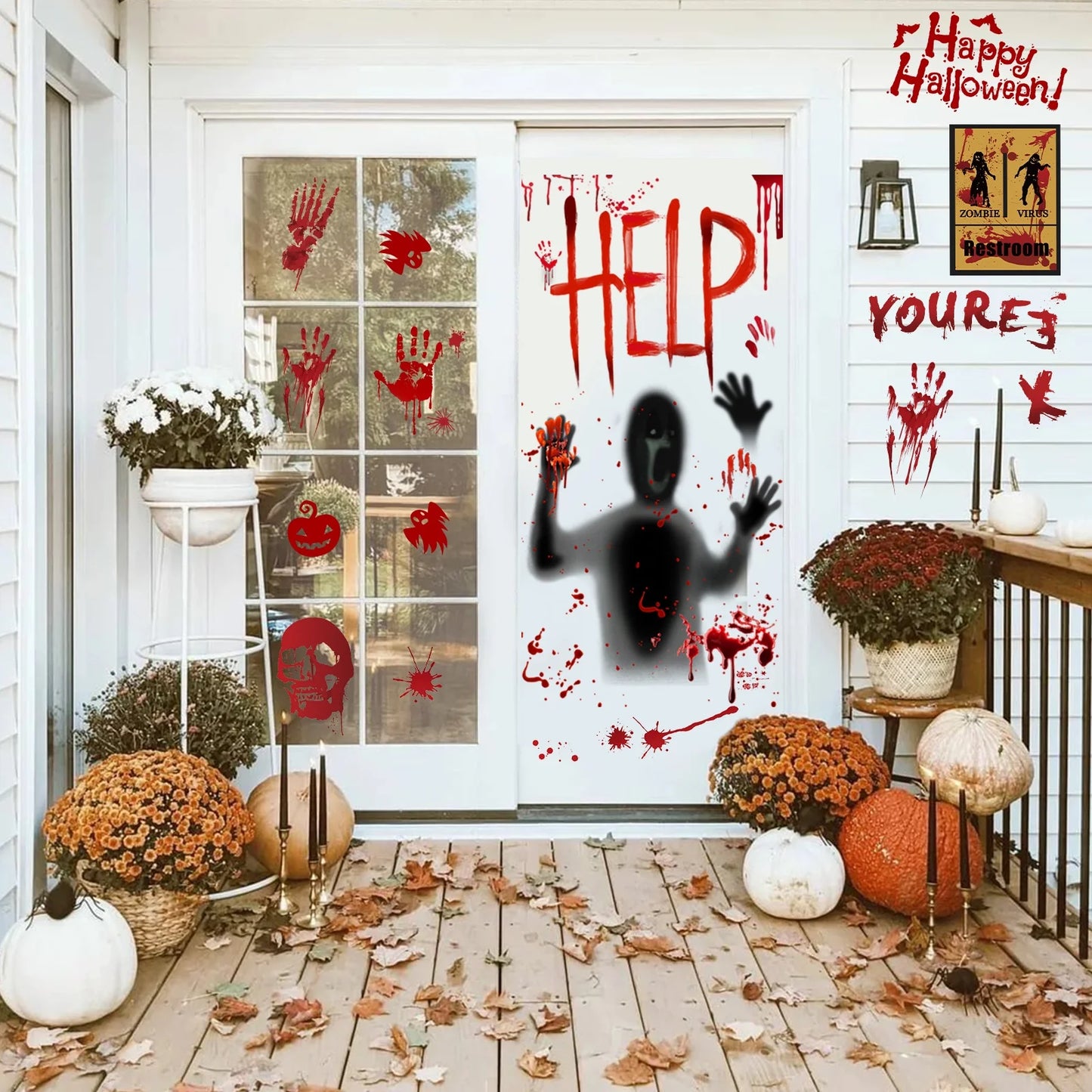 Halloween Bloody Window Clings Posters Bloody Handprint Sticker Party Decoration Haunted House Door Cover Creepy School Dormitory Window Decoration