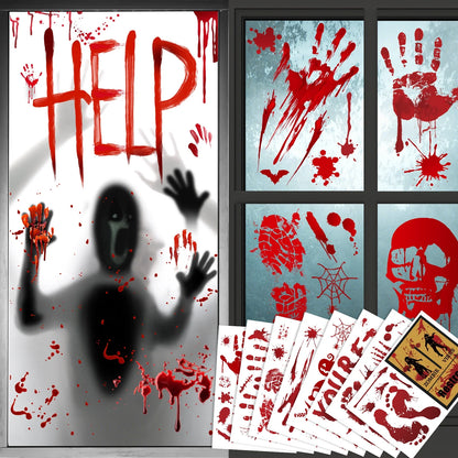 Halloween Bloody Window Clings Posters Bloody Handprint Sticker Party Decoration Haunted House Door Cover Creepy School Dormitory Window Decoration